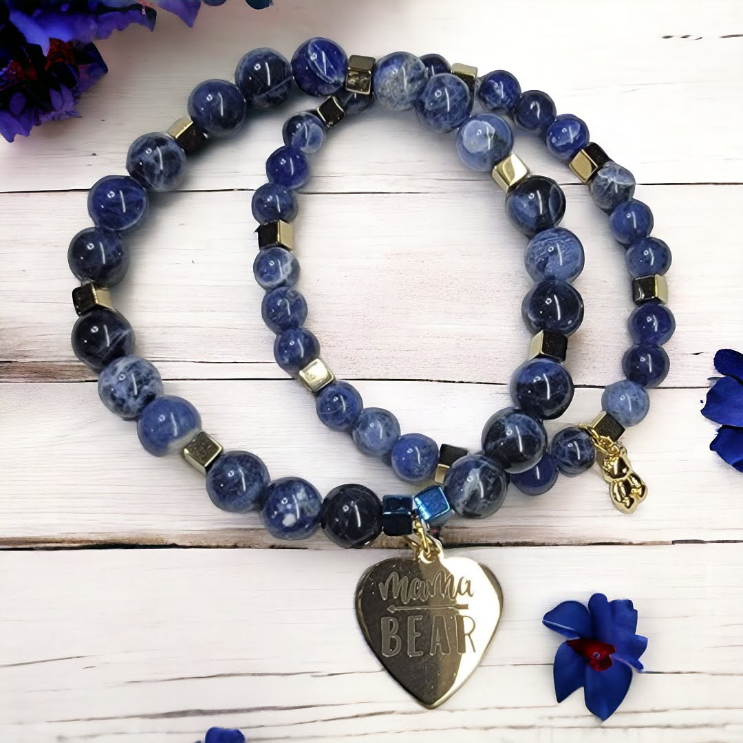 My Mom My Hero Blue Sodalite Gold Accent Stretchy Bracelet Set