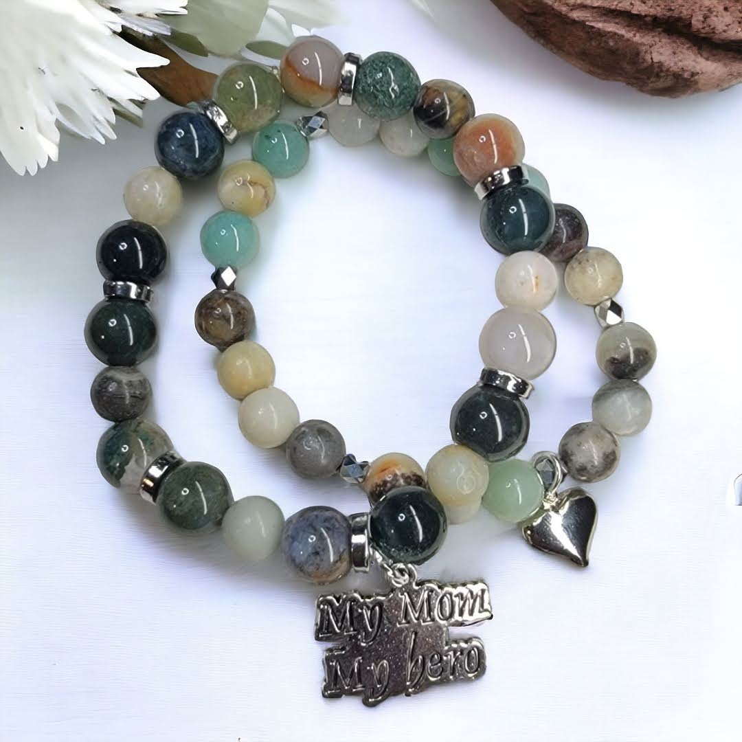 My Mom My Hero Shiny Agate Silver Accent Stretchy Bracelet Set