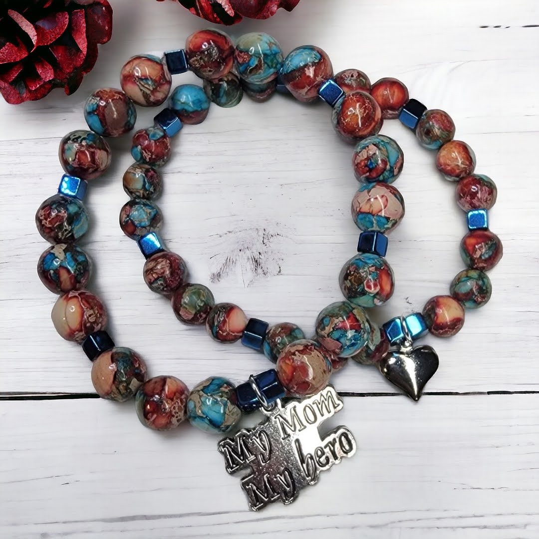 Mother Son Twin Red Blue Jasper Mom Hero Silver Accent Stretchy Bracelet Set
