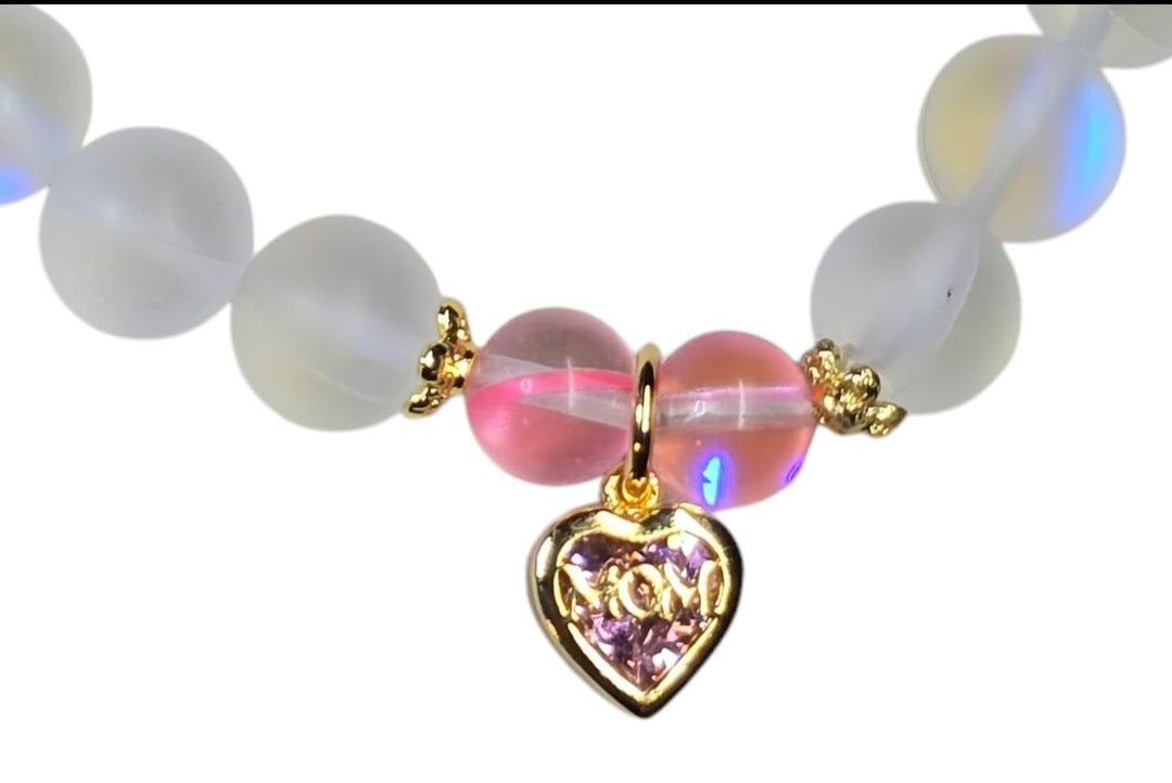 Pink Crystal Heart "Mom" White Matte Stretchy Bracelet