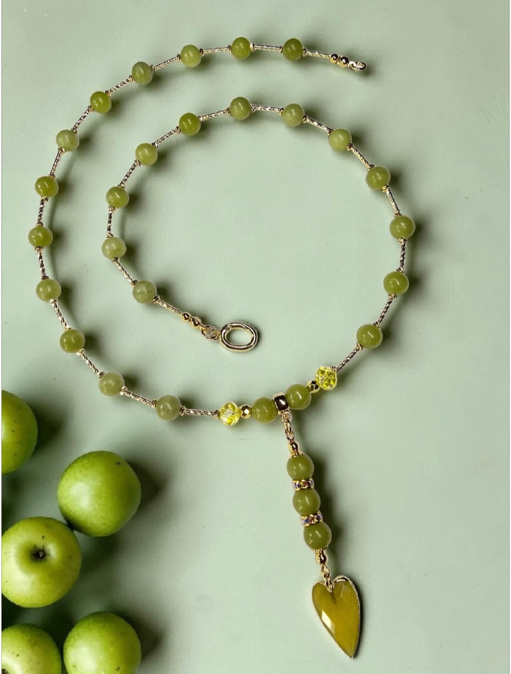 Apple Green Chalcedony Round Matte Bead Gold Tube Necklace with Green Agate Heart Focal