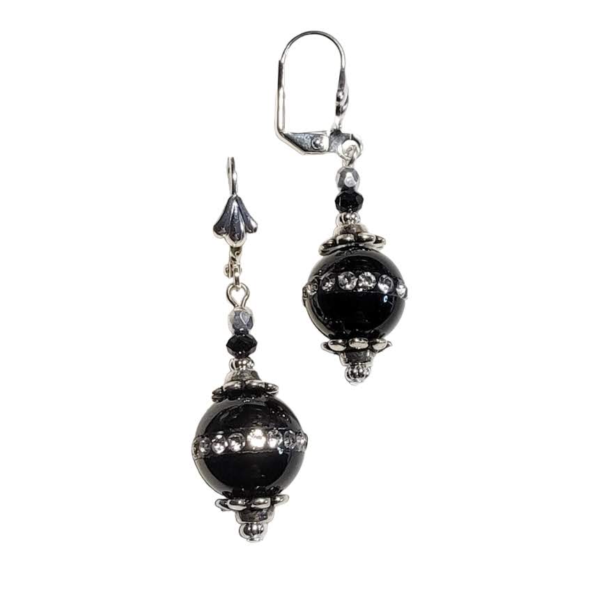 Black Onyx Framed Crystals Silver Tone Earrings