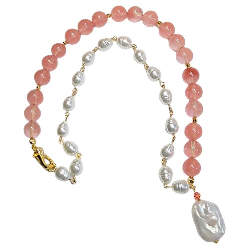 Baroque Pearl Focal Cherry Quartz Necklace