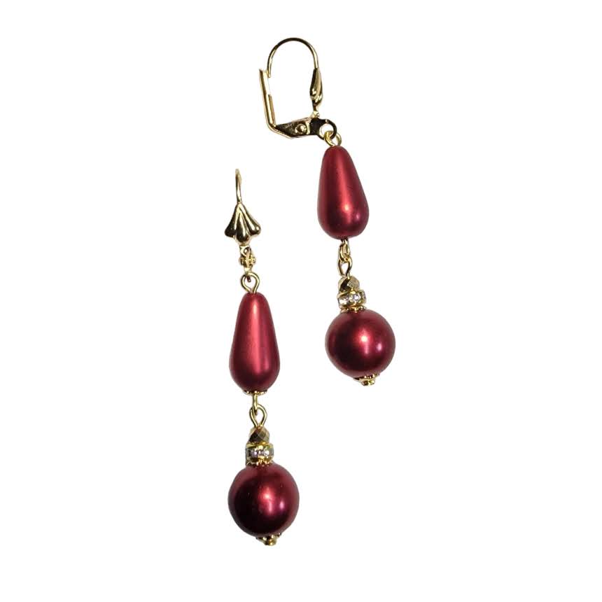 Red Czech Glass Double Pearl Dangle Gold Tone Earring