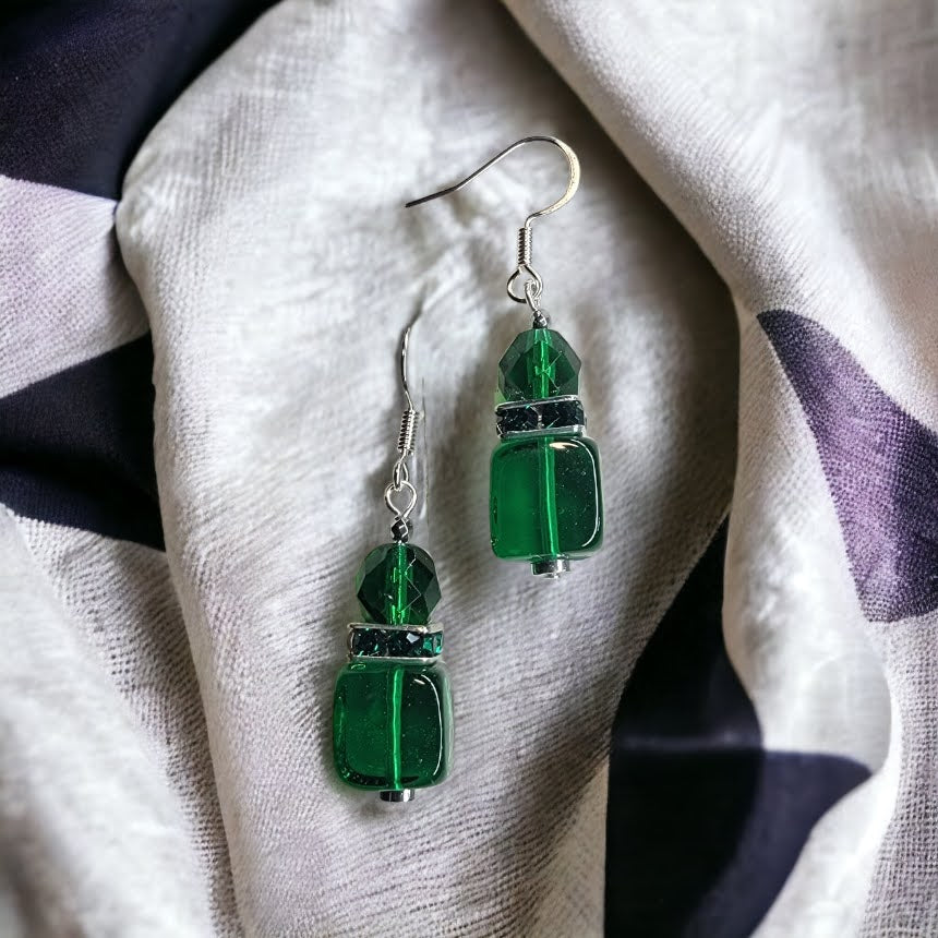 Emerald Green Venetian Glass Cube Dangle Earrings