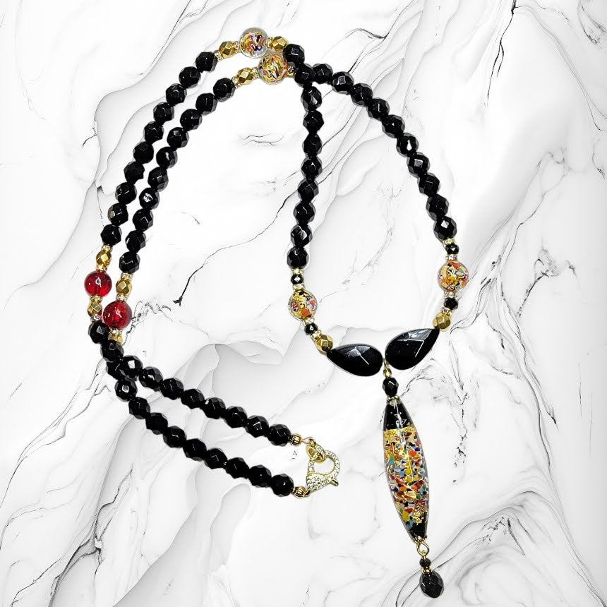 Venetian Glass Large Black Confetti Focal Bead Necklace