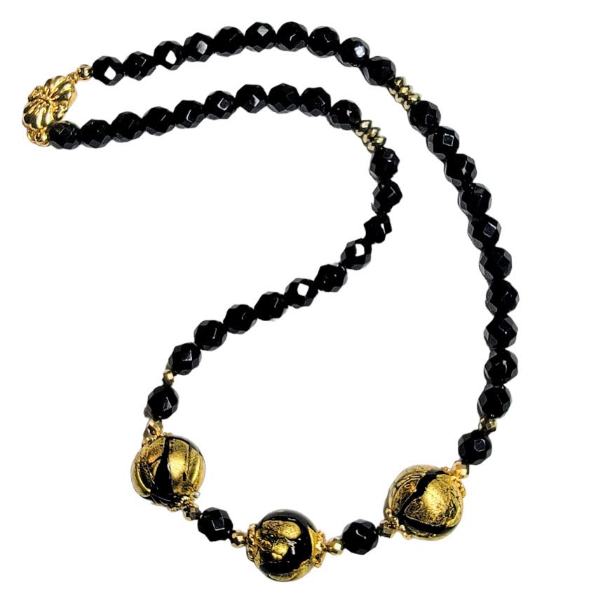Venetian Glass Gold Swirl Black Round Bead Necklace