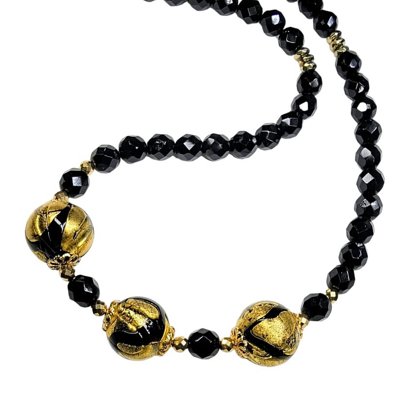 Venetian Glass Gold Swirl Black Round Bead Necklace