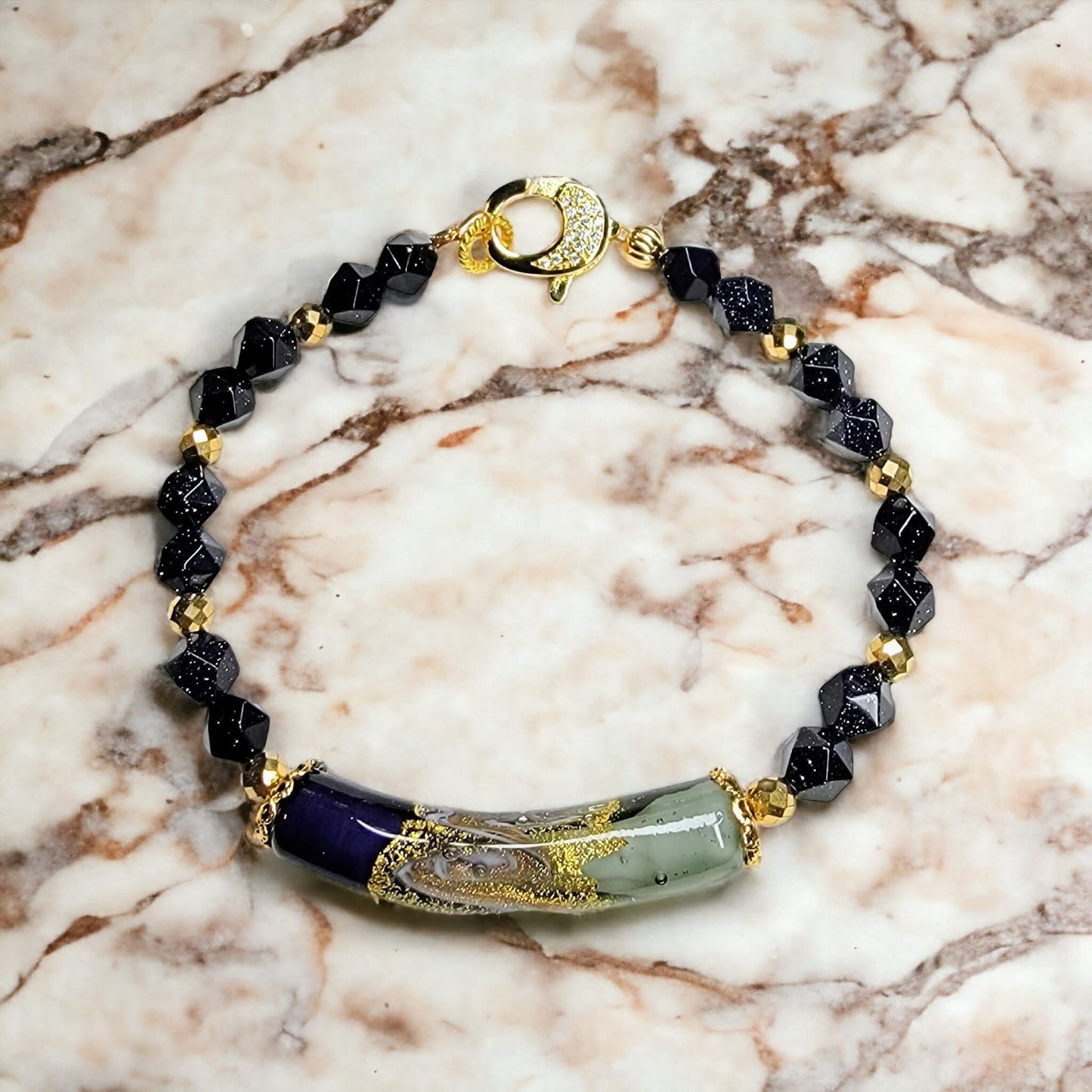 Venetian Glass Purple Ink Swirl Tube Bracelet