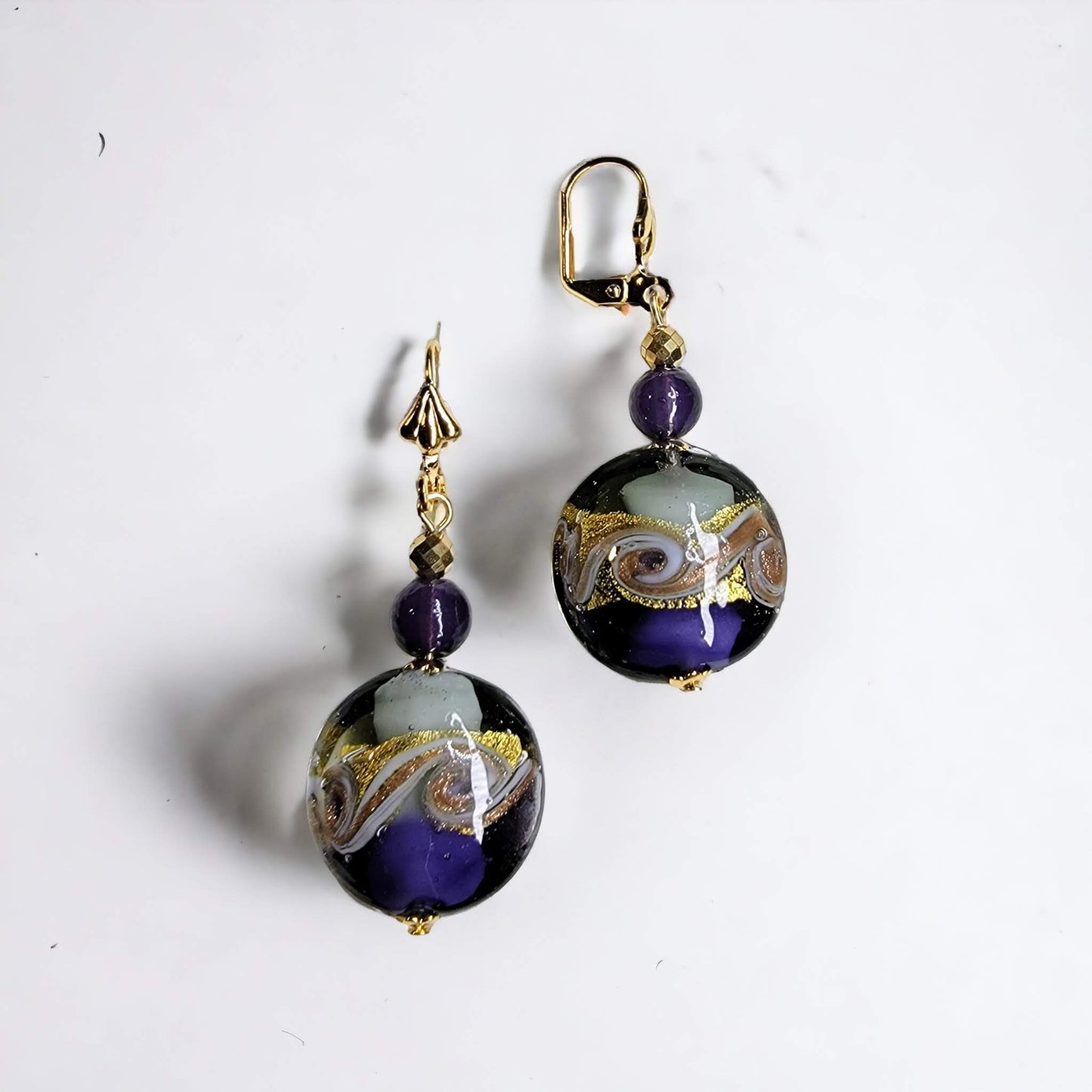 Venetian Glass Purple Ink Swirl Disc Earrings