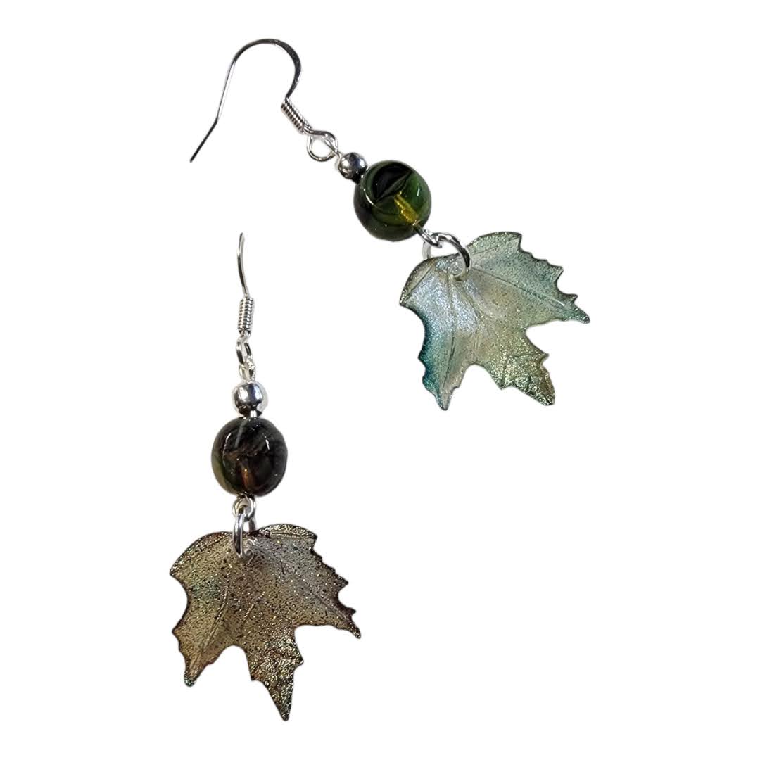 Green/Brown Givre Faceted Beaded Acrylic Leaf Silver Dangle Earring