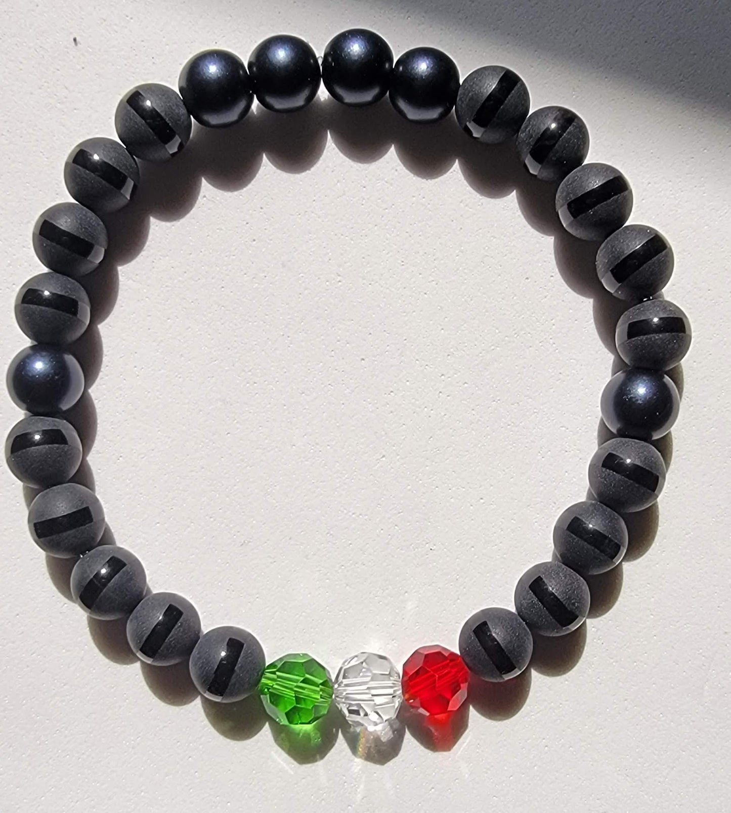 Black Matte Stripe Agate Italian Flag Stretchy Bracelet