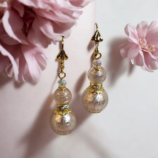 Pastel Pink Double Round Silver Venetian Glass Dangle Earrings