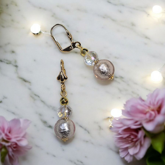 Pastel Pink Round Silver Venetian Glass Dangle Earrings