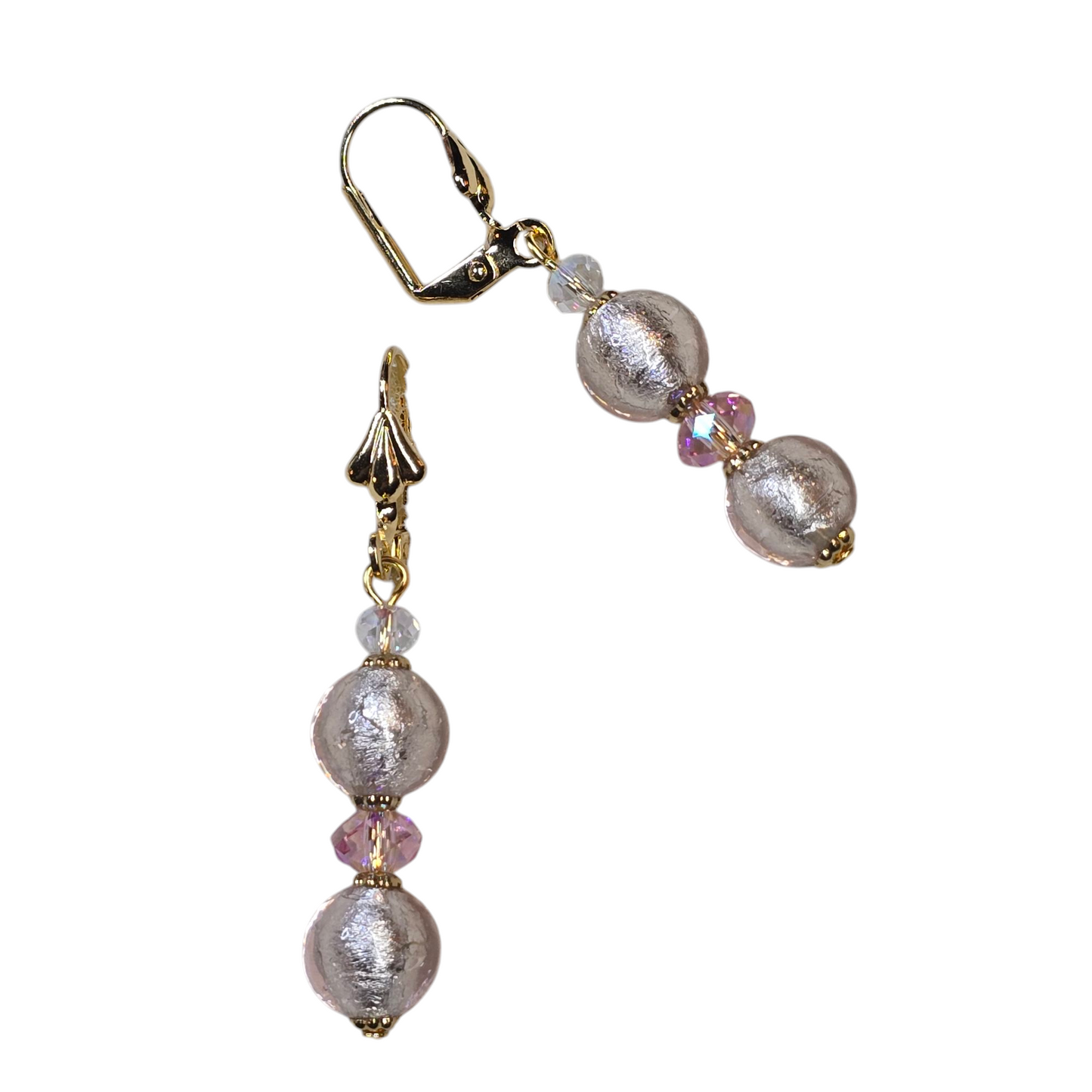 Pastel Pink Double Round Silver Venetian Glass Dangle Earrings