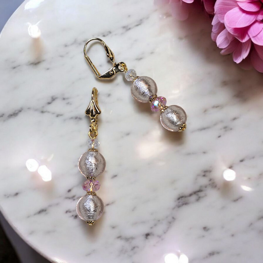 Pastel Pink Double Round Silver Venetian Glass Dangle Earrings