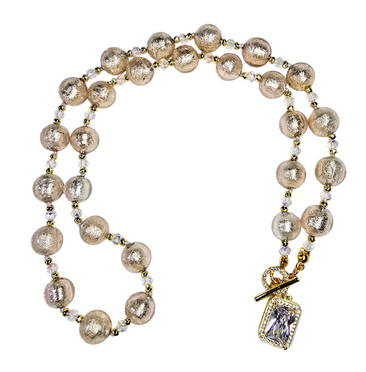 Venetian Glass Silver Foil Pastel Pink Round Beaded Necklace