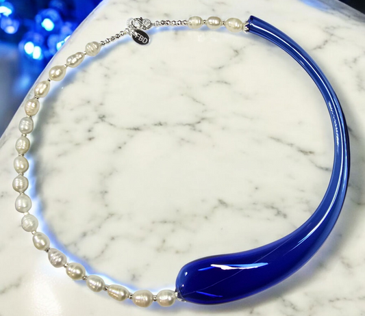 Venetian Glass Boro Cobalt Blue Freshwater Pearl Choker Necklace