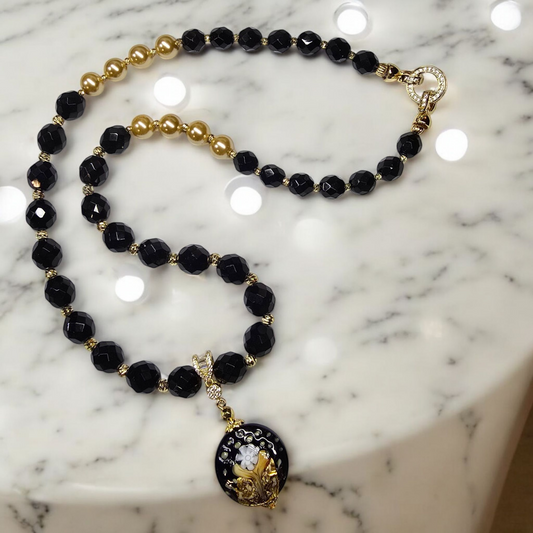 Venetian Glass Floral Focal Pearl Black Beaded Necklace