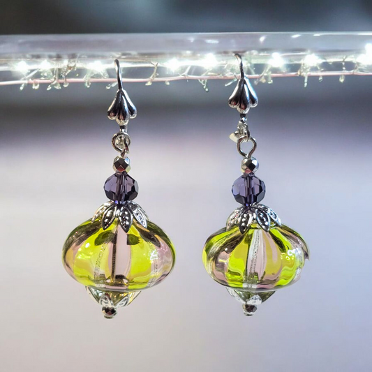 Textured  Cipollina Light Green and Plum Swirl Silver Dangle Earrings