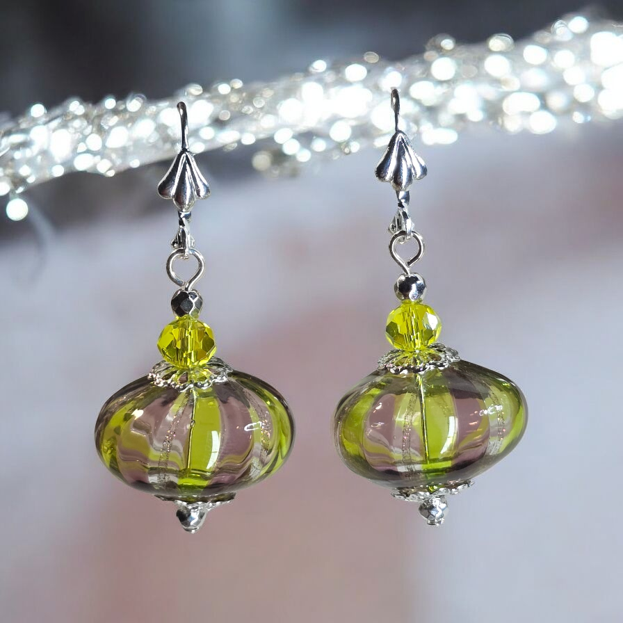 Textured  Cipollina Light Green and Plum Swirl Silver Dangle Earrings