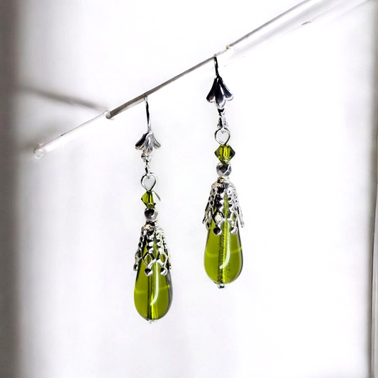 Venetian Glass Olive Green Silver Filagree Cap Dangle Earrings