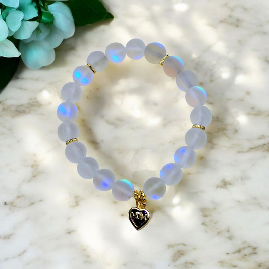 Blue Crystal Heart "Mom" White Matte Stretchy Bracelet