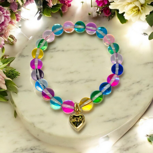 Green Crystal Heart "Mom" Charm Stretchy Bracelet