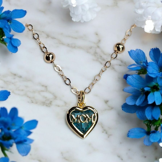 Aqua Blue Crystal Heart "Mom" Necklace