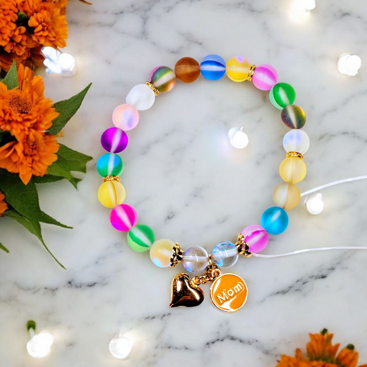 Stretchy Round Light Orange "Mom" and Heart Charm Bracelet