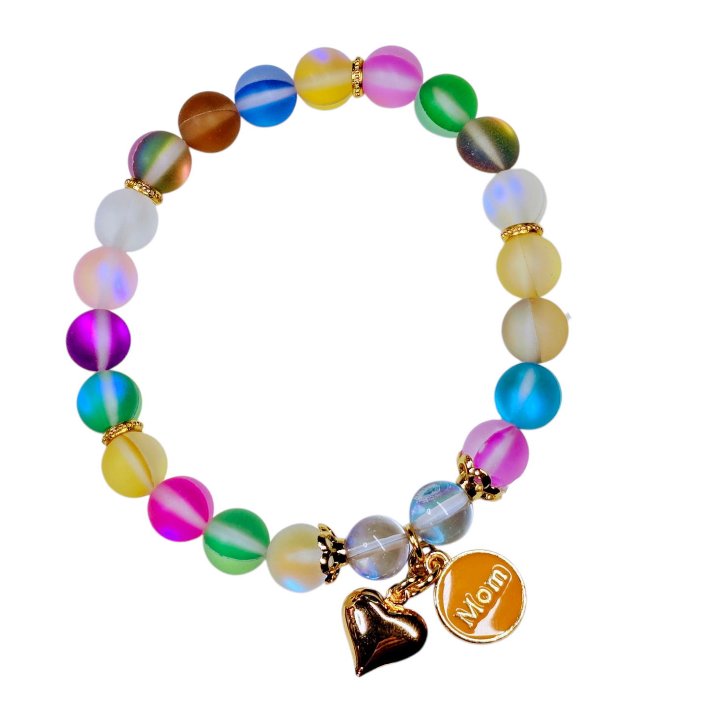 Stretchy Round Light Orange "Mom" and Heart Charm Bracelet