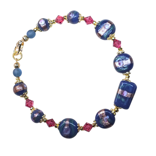 Venetian Glass Periwinkle Wedding Cake Rose Beaded Bracelet