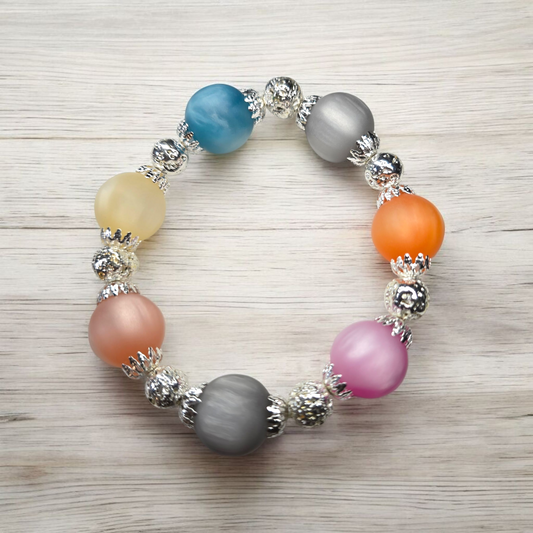 Marble Lucite 12 mm Beads Silver Lava Silver Disc Stretchy Bracelet