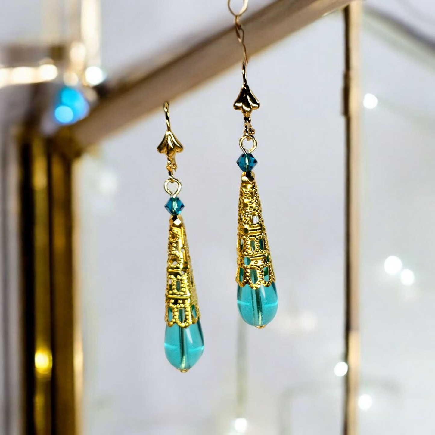 Filagree Capped Venetian Glass Teardrop Earrings