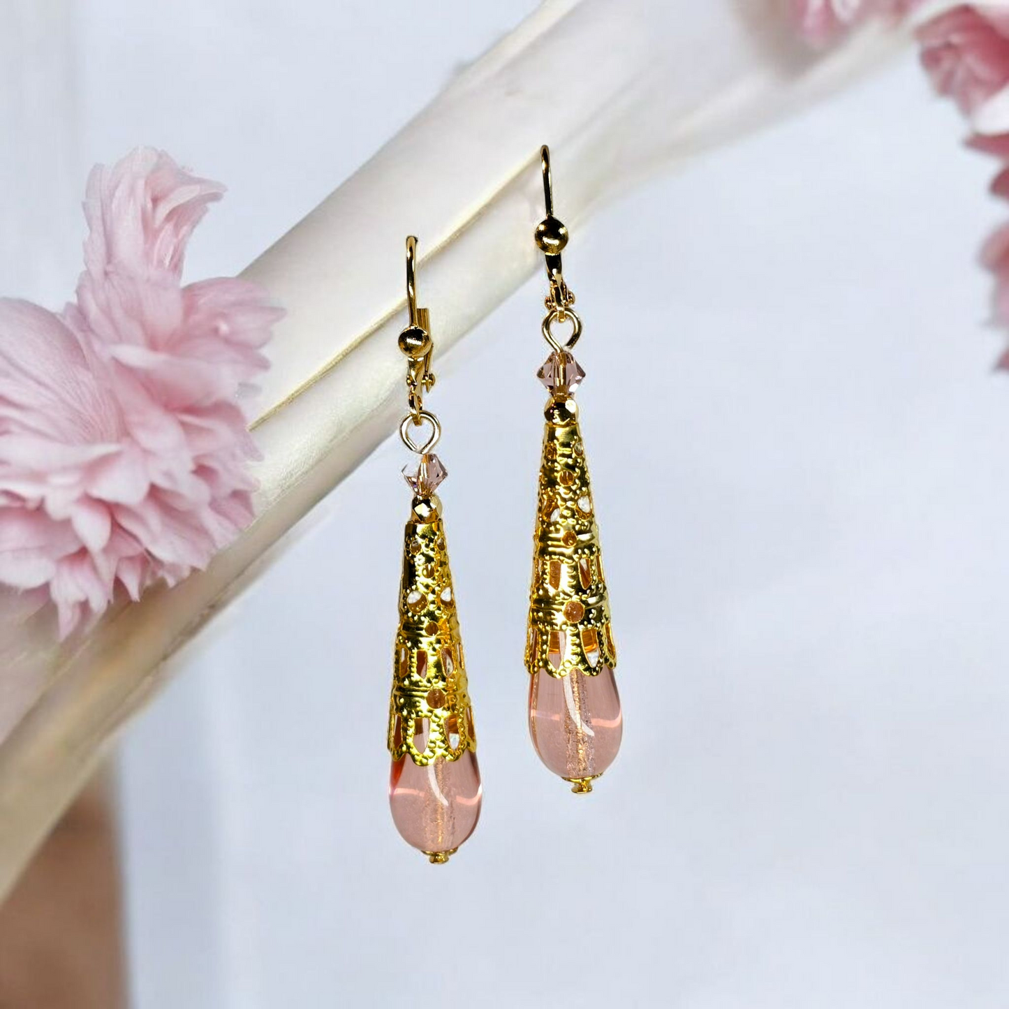 Filagree Capped Venetian Glass Teardrop Earrings