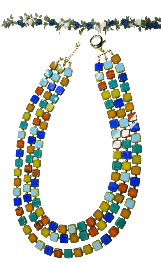 Venetian Glass Tile Gold Triple Strand Necklace