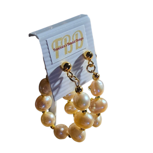 Freshwater Peach Pearl Hoop Short Dangle Gold Tone Earring