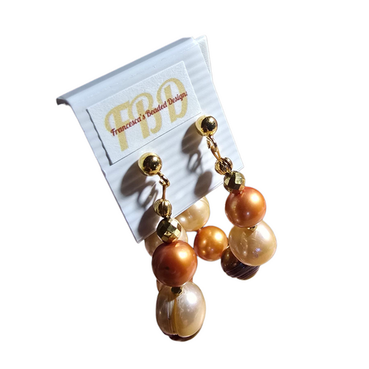 Freshwater Autumn Color Pearl Hoop Short Dangle Gold Tone Earring