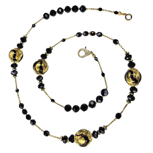 Venetian Glass Gold Swirl Black Round Bead Necklace