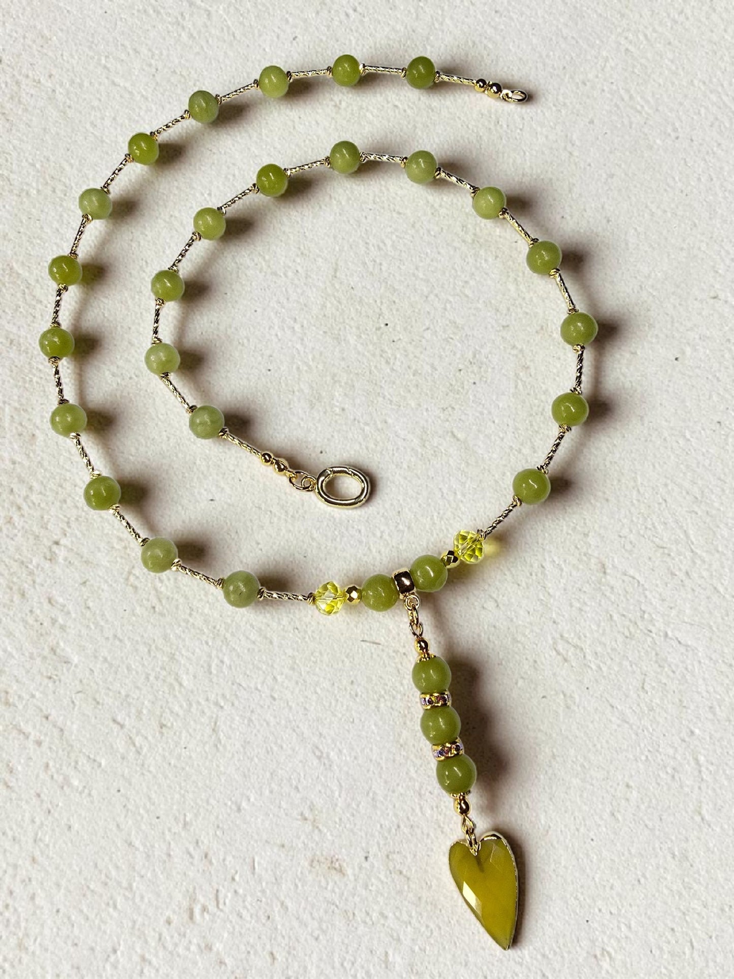 Apple Green Chalcedony Round Matte Bead Gold Tube Necklace with Green Agate Heart Focal