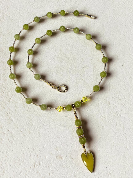 Apple Green Chalcedony Round Matte Bead Gold Tube Necklace with Green Agate Heart Focal