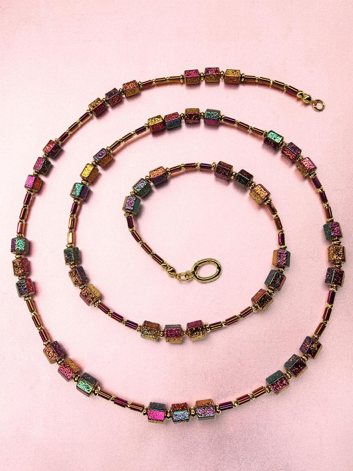 Fall Colors Faceted Barrel Hematite Semi Precious Stone Necklace
