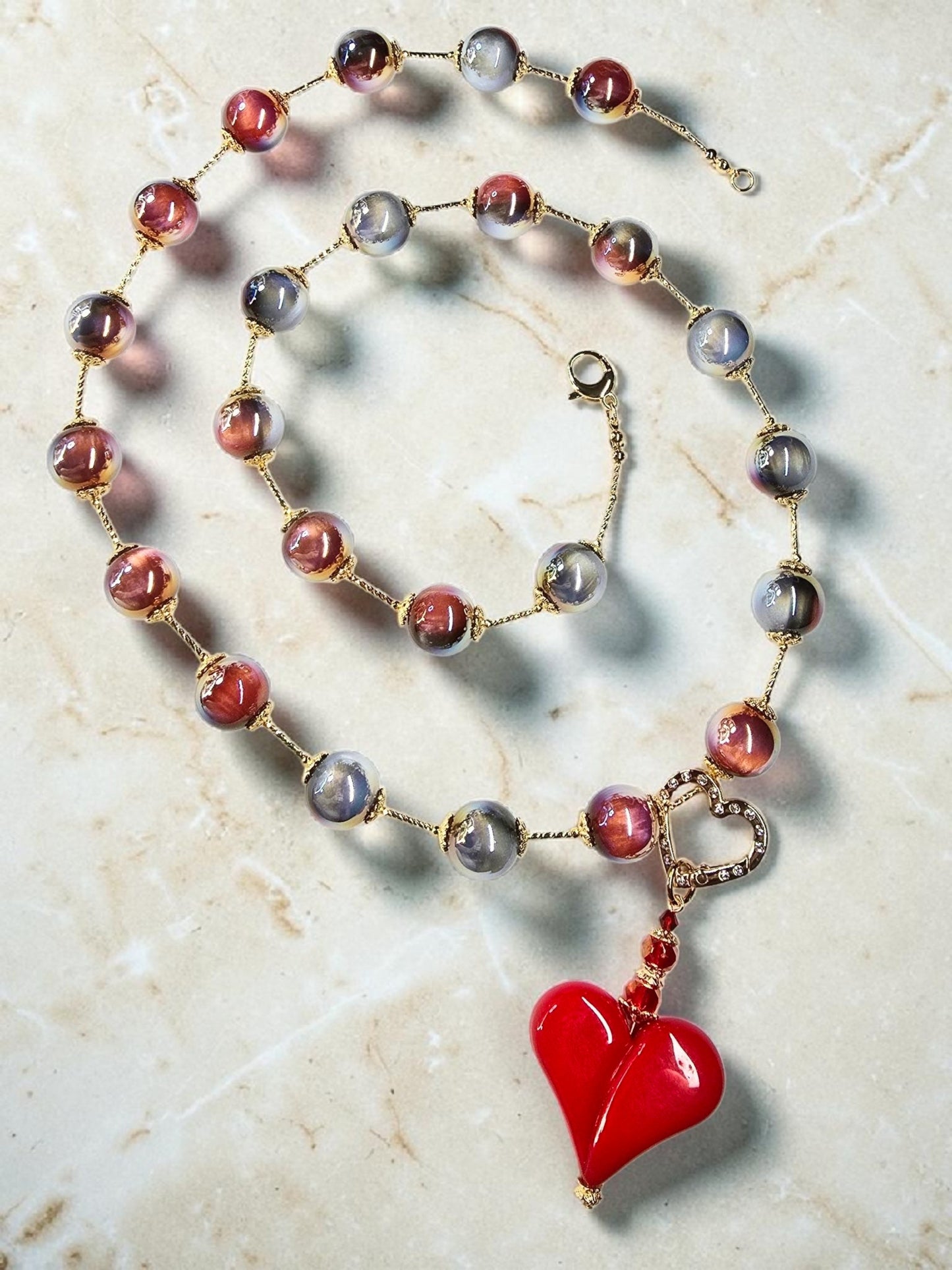 Red Beige AB Resin Station Necklace Red Resin Heart Focal