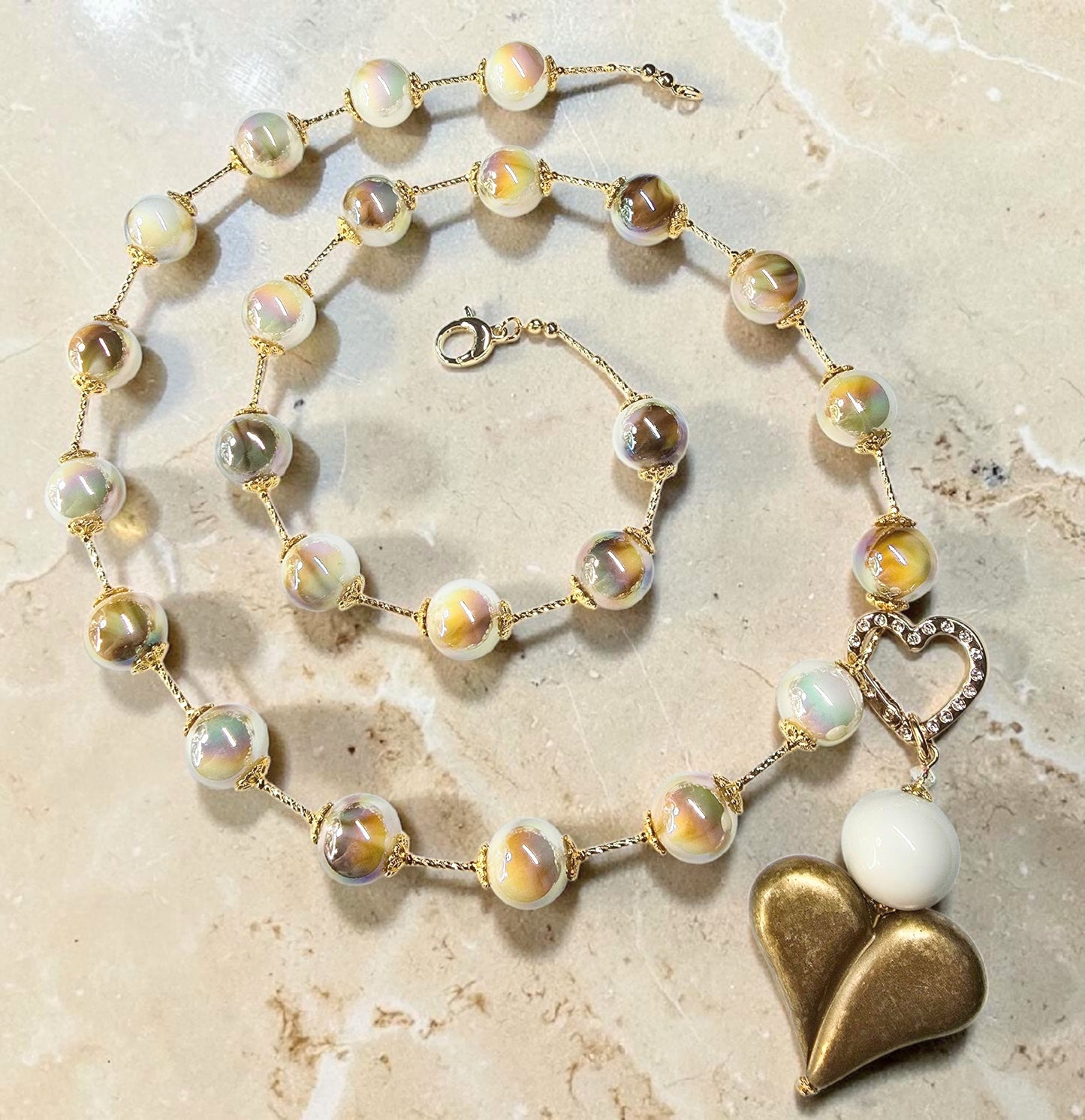 Beige AB Resin Station Necklace Matte Gold Resin Heart Focal