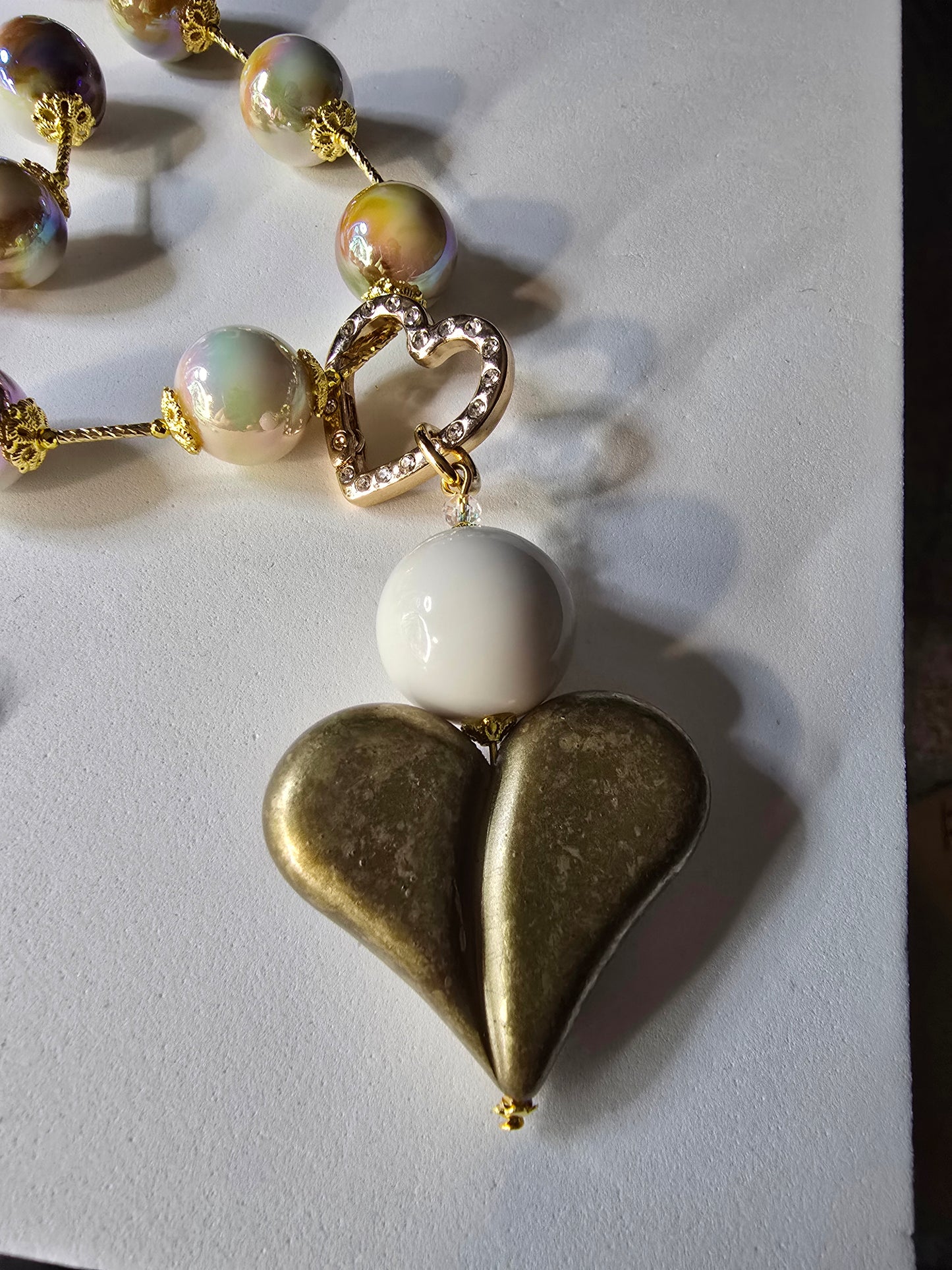 Beige AB Resin Station Necklace Matte Gold Resin Heart Focal