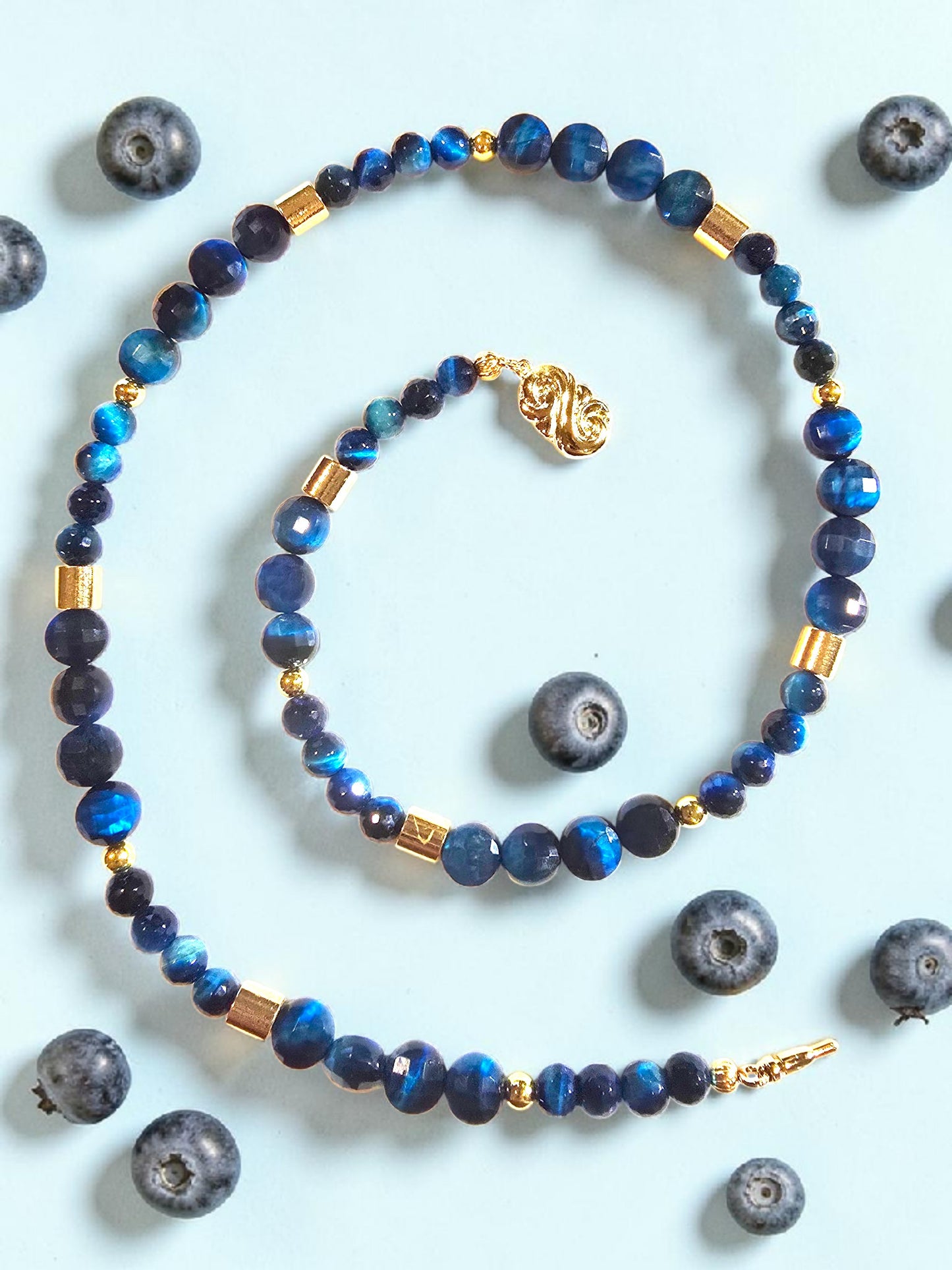 Blue Tiger Eye Disc Gold Barrel Bead Accent Necklace