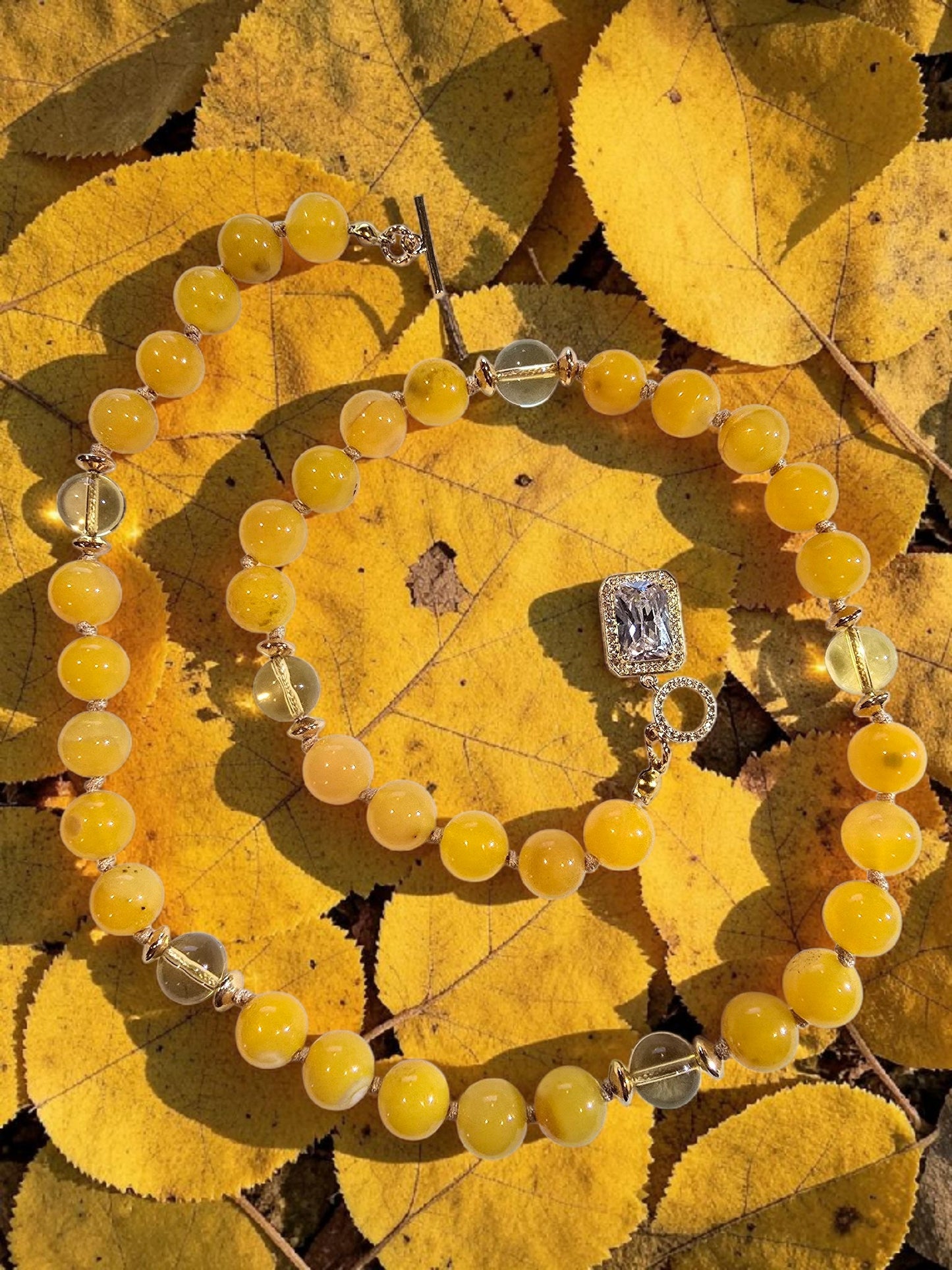 Honey Yellow Agate Faceted Glass Crystal Toggle  Focal Necklace
