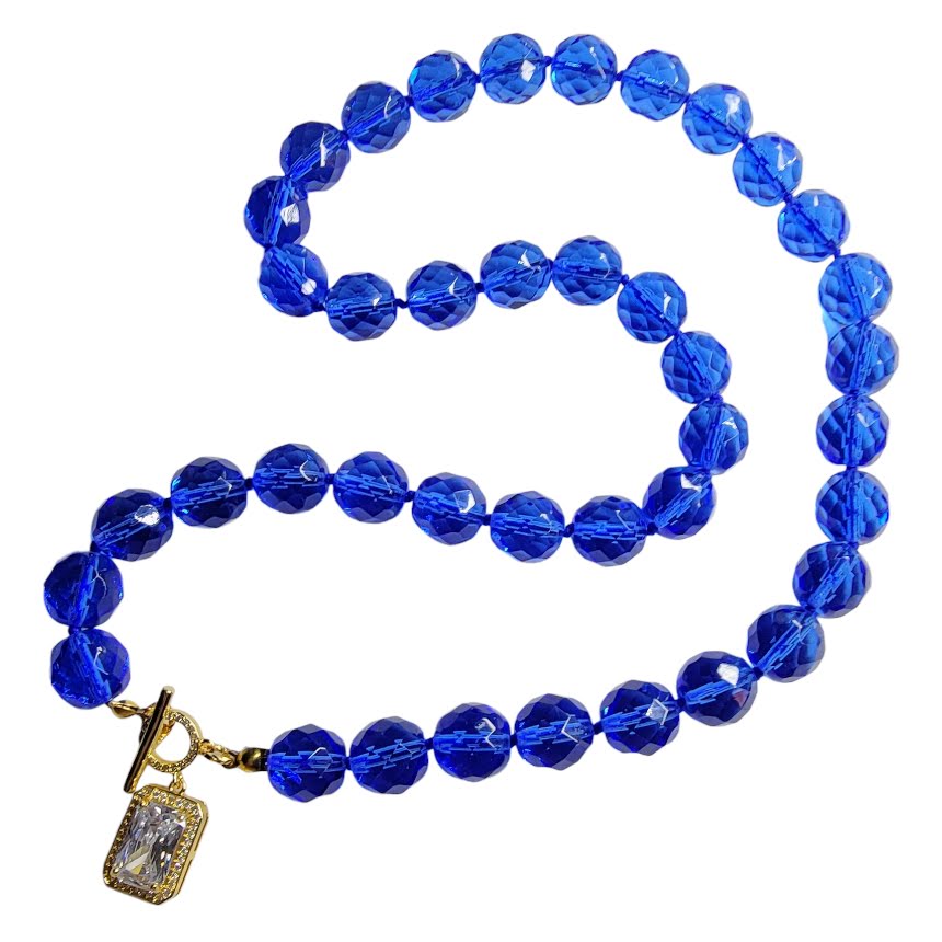 Sapphire Blue Faceted Glass Crystal Toggle Focal Necklace