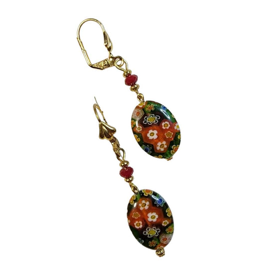 Venetian Glass Mille Fiori Oval Dangle Earrings