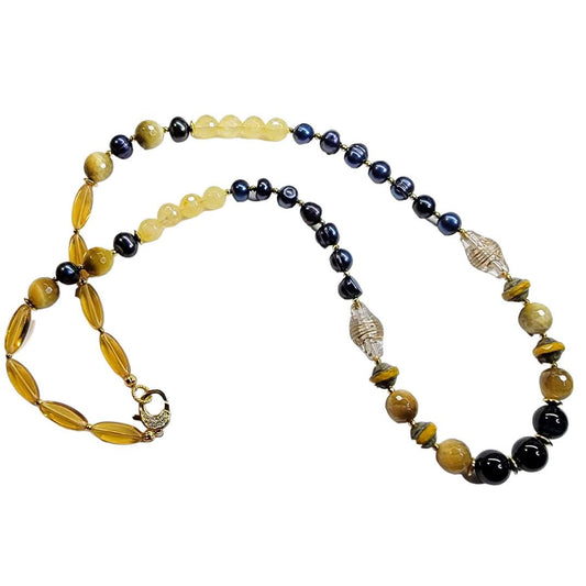 Navy Baroque Pearls Tiger Eye Agate Citrine Mixed Beaded Necklace